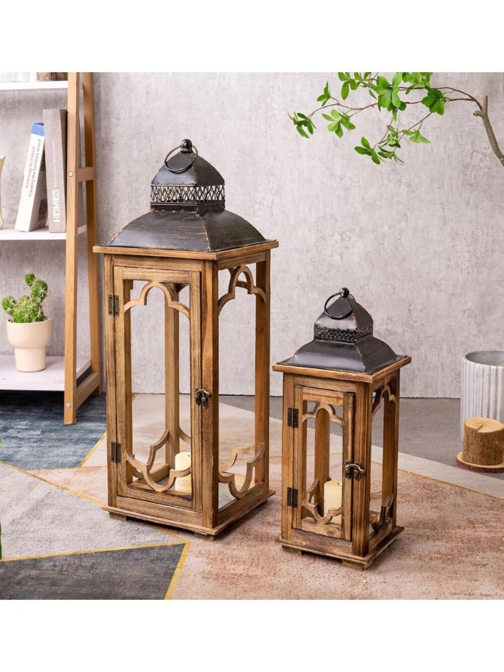 Rustic Brown Wooden Lantern Set of 2 | Large Farmhouse Decor for Indoor/Outdoor
